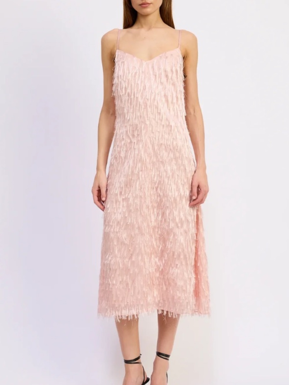 En saison NWT Lorelai faux feather fringe criss cross back midi dress sz m
